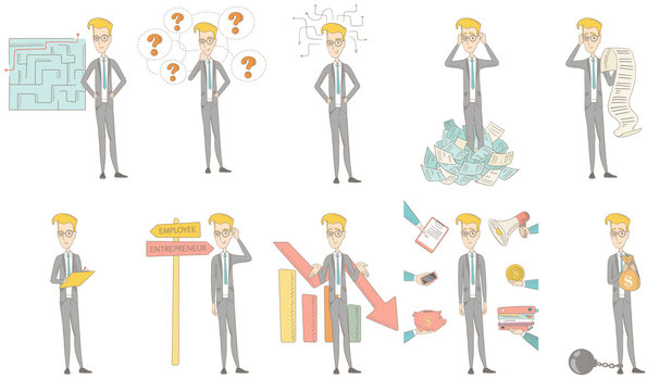 Young caucasian businessman set. Businessman choosing career way, looking at the labyrinth with solution, holding long bill. Set of vector sketch cartoon illustrations isolated on white background.