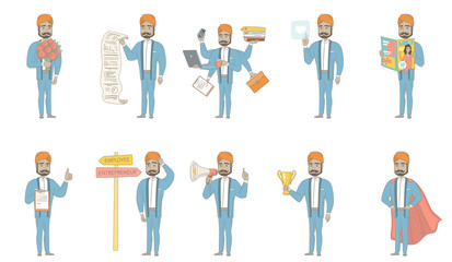 Indian businessman set. Businessman holding bouquet of flowers, document with business report, speaking into loudspeaker. Set of vector sketch cartoon illustrations isolated on white background.