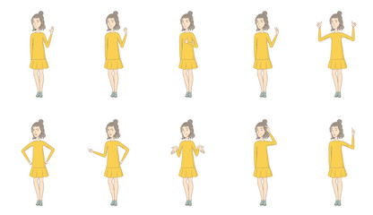 Young caucasian hippie woman set. Woman waving hand, giving thumb up, showing victory gesture, ok sign, pointing finger up. Set of vector sketch cartoon illustrations isolated on white background.