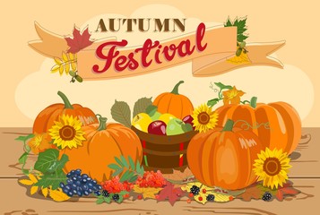 Poster with pumpkin crop and fruit for autumn festivals. Vector