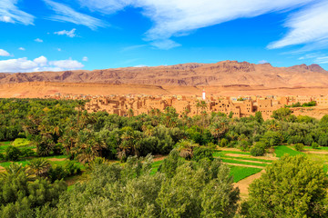 Landscape of a typical moroccan berber village with oasis in the valley