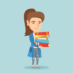 Young caucasian student holding a pile of educational books in hands. Student carrying a huge stack of books. Student preparing for the exam with books. Vector cartoon illustration. Square layout.