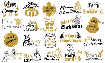 Merry Christmas. Typography set. Vector logo, emblems, text design. Usable for banners, greeting cards, gifts etc.
