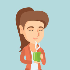 Pleased caucasian woman drinking hot flavored coffee. Young smiling woman holding a cup of coffee with steam. Woman enjoying coffee with closed eyes. Vector cartoon illustration. Square layout.