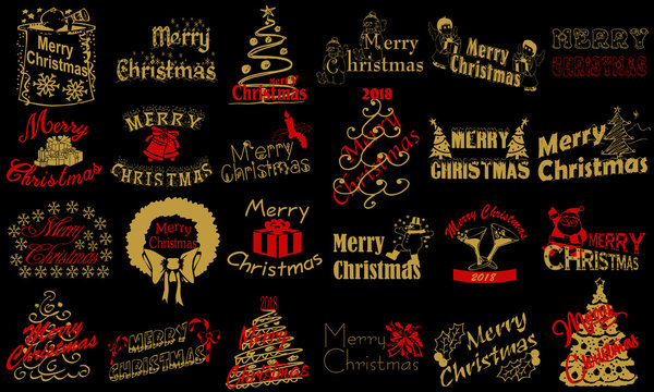 Merry Christmas. Typography set. Vector logo, emblems, text design. Usable for banners, greeting cards, gifts etc.