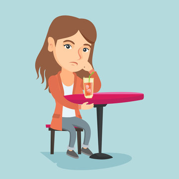 Depressed caucasian woman sitting in the bar and drinking an alcoholic cocktail. Young woman in depression sitting in the bar with an alcoholic cocktail. Vector cartoon illustration. Square layout.