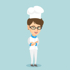 Cheerful caucasian chief cook in uniform and hat standing with arms crossed. Full length of young smiling female chief cook with folded arms. Vector cartoon illustration. Square layout.