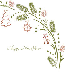 Christmas spruce twig with toys. Vintage design for Christmas card