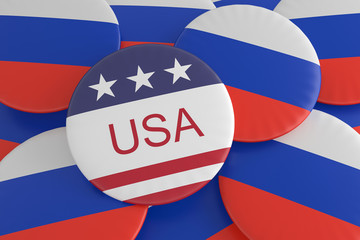 International Politics News Badges: USA Flag Button On Russia Flag Buttons, 3d illustration