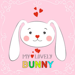 My lovely bunny girl. Hand drawn Valentines Day Greeting card with charming rabbit on white background.