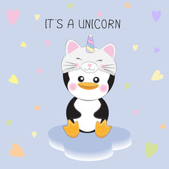 Cute little penguin in a kitten unicorn  hat on white background with hearts.