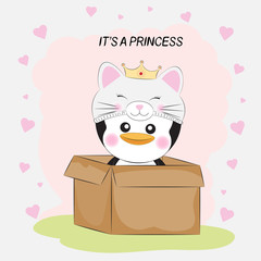 Cute little penguin princess in a box. on white background with hearts.