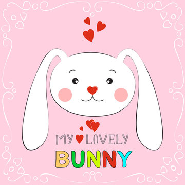 My lovely bunny girl. Hand drawn Valentines Day Greeting card with charming rabbit on white background.