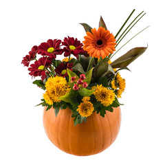 Autumn floral composition in a pumpkin vase