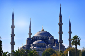 Blue Mosque in Turkey against the sun