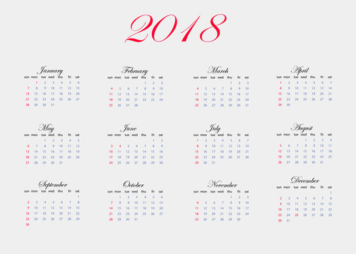 Vector image of the calendar for 2018 year. The calendar is included 12 months of the year.