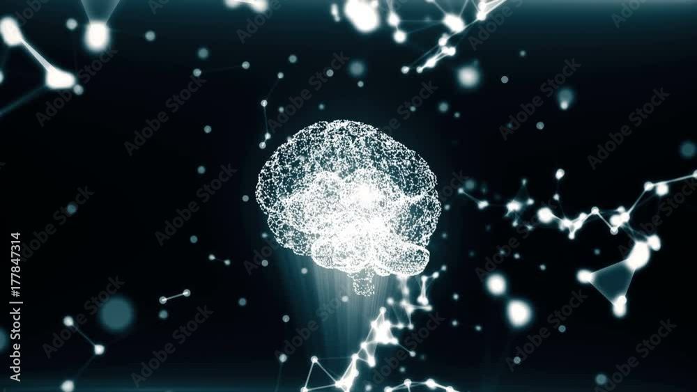 Poster circular rotation polygonal brain shape of an artificial intelligence with lines and glowing dots