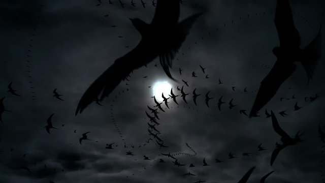 Creepy low flying bird swarm moon silhouettes, dark Halloween background abstract