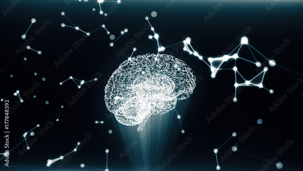 Poster circular rotation polygonal brain shape of an artificial intelligence with lines and glowing dots an
