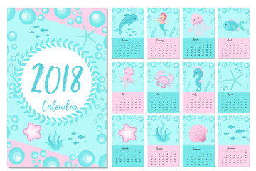 Calendar 2018 in marine style, sea life. Week starts from monday. Template for your design fairytale underwater world with marine animals and a mermaid. Vector illustration