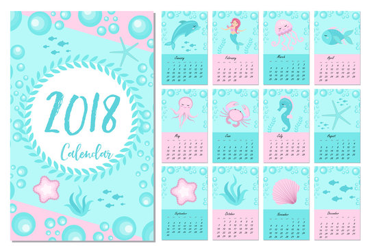 Calendar 2018 in marine style, sea life. Week starts from monday. Template for your design fairytale underwater world with marine animals and a mermaid. Vector illustration © Lucia Fox