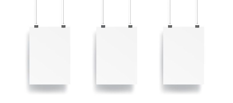 Blank Three hanging poster with clip and wire mockup vector on white background. Mockup concept