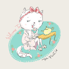 Cute cat in morning gown is drinking tea. Vector baby illustration for fashion apparels, t shirt and printed design.