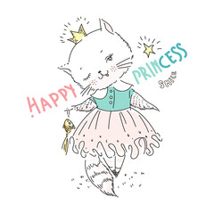 Fototapeta premium Cute cat princess with fish and slogan. Vector baby illustration for fashion apparels, t shirt and printed design.