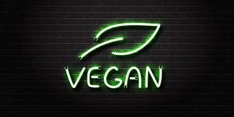Vector realistic isolated neon sign of Vegan lettering for decoration and covering on the wall background.Concept of vegetarian cafe and eco product.