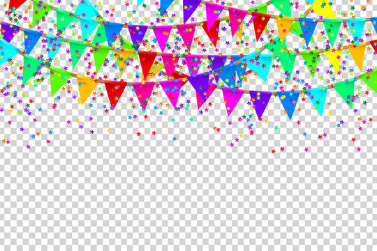 Vector realistic isolated party flags and confetti for decoration and covering on the transparent background. Concept of birthday, holiday and celebration.