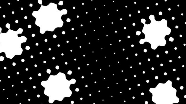 Abstracto en blanco y negro, de cuerpos o formas amorfas, que avanzan sobre malla de puntos