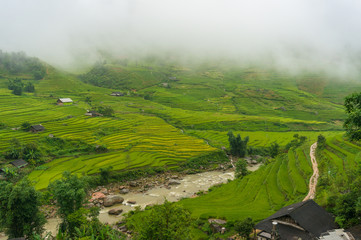 Fototapeta premium Spectacular landscape of high mountain village among rice terraces