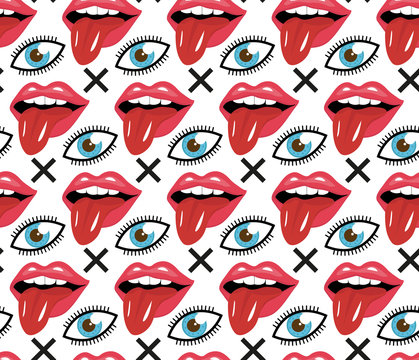 Modern fashionable Lips with tongue and eye seamless pattern. Red open mouth with tongue sticking out endless background. Retro, pin-up repeating texture. Vector illustration