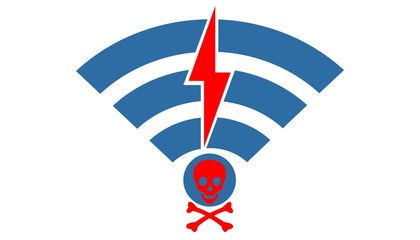 Security concept: Skull and wifi icon. Illustration of wifi vulnerability and cybersecurity compromised WEP, WPA, WPA 2 encryption. Krack is a serious threat for wifi internet connection