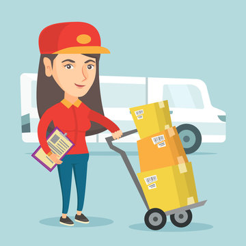 Young caucasian delivery courier pushing the trolley with cardboard boxes. Delivery courier standing in front of delivery truck and holding a clipboard. Vector cartoon illustration. Square layout.