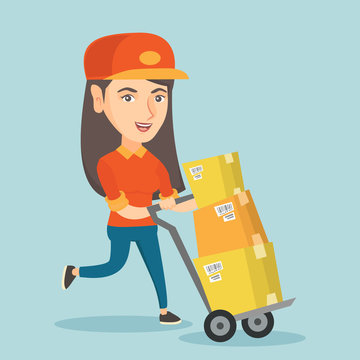 Caucasian woman-postman pushing the trolley with parcels in cardboard boxes. Young woman-postman delivering parcels. Woman-postman running with parcels. Vector cartoon illustration. Square layout.
