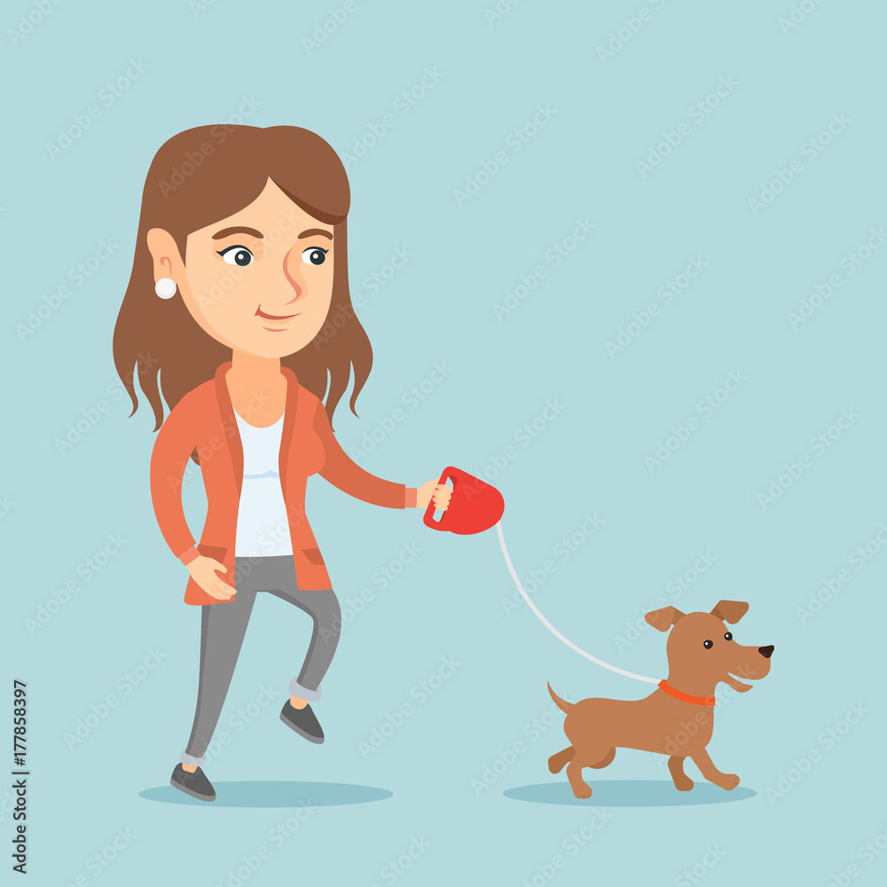 Poster caucasian woman walking with her small dog. smiling woman walking with her dog on a leash. young wom