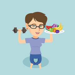 Young caucasian woman holding healthy fruits and a dumbbell in hands. Woman choosing healthy lifestyle. Healthy lifestyle concept. Vector cartoon illustration. Square layout.