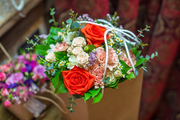 Beautifully decorated rose bouquet . Colorful bouquet with roses. flower composition.