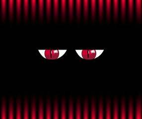 Red angry monster eyes on black and red striped pattern background. Vector illustration, poster, banner.