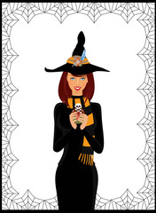 Halloween vector illustration of young witch in long black dress, scarf and hat decorated with flowers holding cupcake isolated on white background framed with spiderweb. Vector illustration, clip art