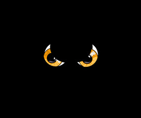 Yellow predatory monster eyes isolated on black background. Vector illustration, clip art.