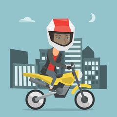 Young caucasian woman in helmet riding a motorcycle on the background of night city. Motorcyclist driving a motorcycle on the city road at night. Vector cartoon illustration. Square layout.