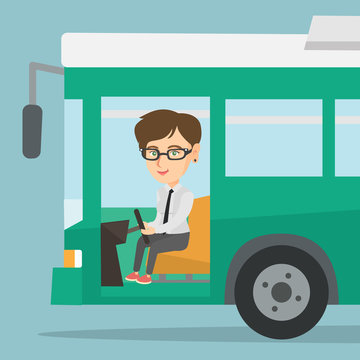 Young caucasian bus driver sitting at steering wheel. Female bus driver driving a passenger bus. Smiling bus driver sitting in the driver cab. Vector cartoon illustration. Square layout.