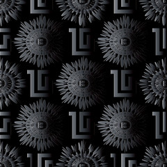 Modern dark black geometric seamless pattern. Vector  meander black background. 3d wallpaper with greek key ornaments. Ornamental floral design. Abstract surface 3d texture with shadows and highlights