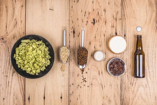 Overhead view of ingredient used for making homemade beer