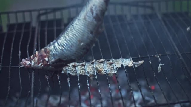 4k Grill Cooking Barbecue Fish in Smoke