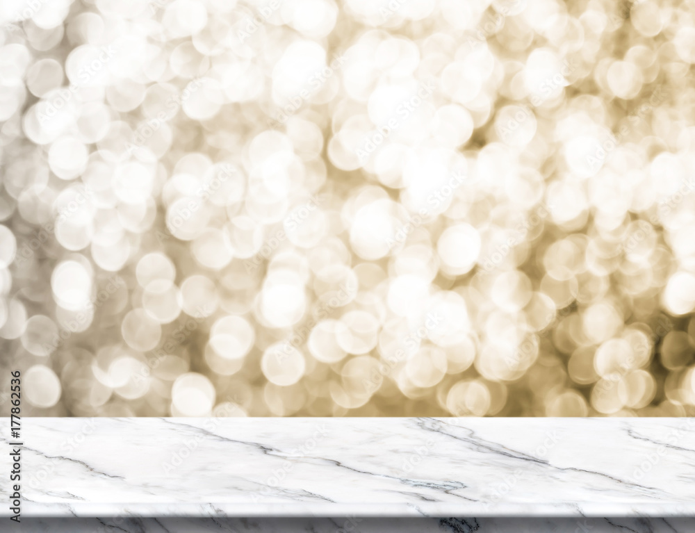 Aufkleber empty white glossy marble table top with blur sparkling gold bokeh abstract background,panoramic ban