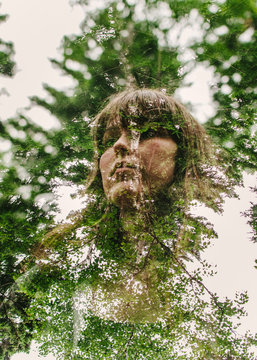 double exposure of girl in a forest