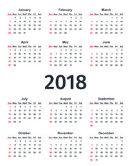 2018 Calendar in simple style. Week starts Sunday. Vector. Stationery 2018 template in minimal design. Yearly calendar organizer.
